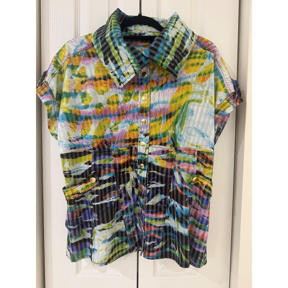 Alberto Makali Women 16 Multicolor Y2K 90's Short Sleeve‎ Gold Button Shirt USA